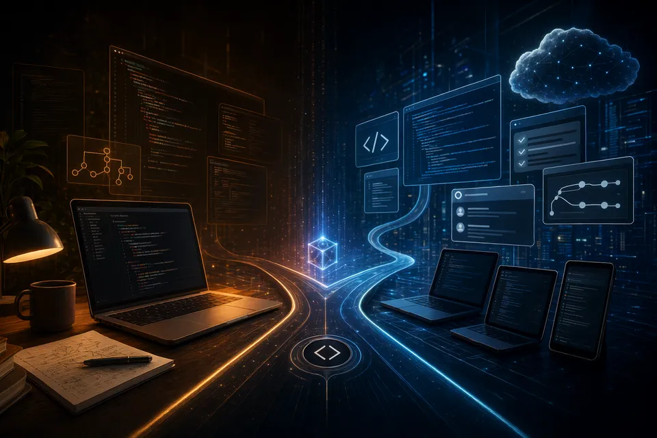 以分岔開發工作流呈現 OpenAI Codex 與 Claude Code 比較的概念圖