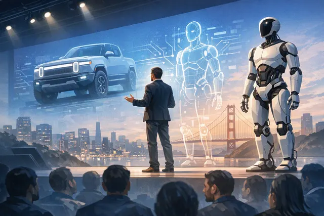 AI-generated concept image of a Rivian R2 SUV alongside a humanoid robot and autonomous driving visualization, representing the company's three-pronged technology strategy.