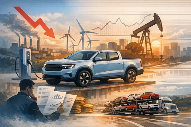 A conceptual illustration of the Ford Fathom electric pickup truck against an abstract background, symbolizing its strategic role in Ford's EV future.