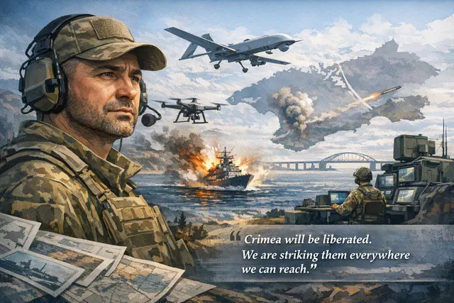 AI-generated image of a Ukrainian drone operator at a command post, symbolizing the drone campaign over Crimea.