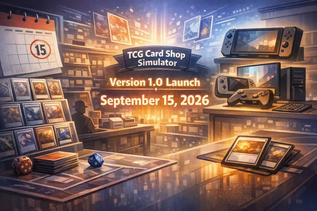 TCG Card Shop Simulator version 1.0 launch art showing a card shop interior with Tetramon booster packs and gameplay elements.