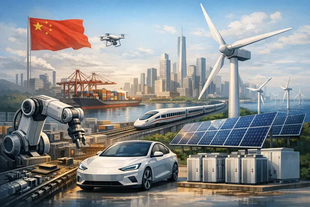 Editorial illustration of China’s shift toward AI hardware, advanced machinery, electric vehicles and green technology exports