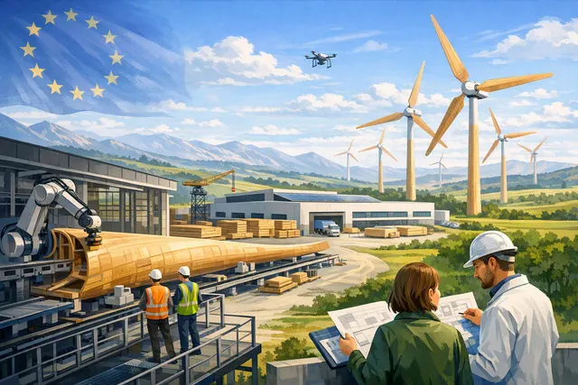 Concept illustration of a wind turbine with wooden blades against a green landscape, representing Voodin's Laminated Veneer Lumber blade technology