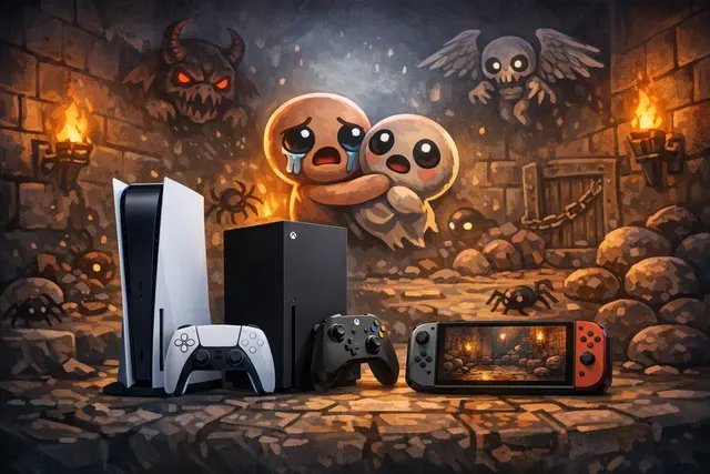Illustration representing The Binding of Isaac: Repentance+ Online with console players descending into the game's dungeon