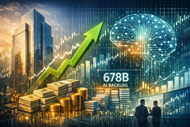 Microsoft stock chart surging with AI cloud infrastructure and $678 billion backlog visualization