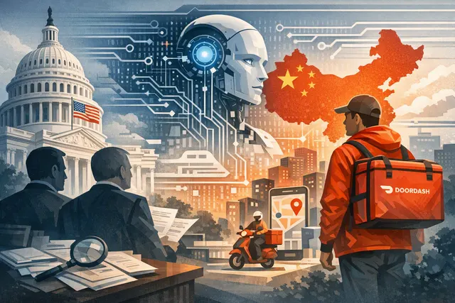 DoorDash logo and congressional investigation concept with AI model iconography