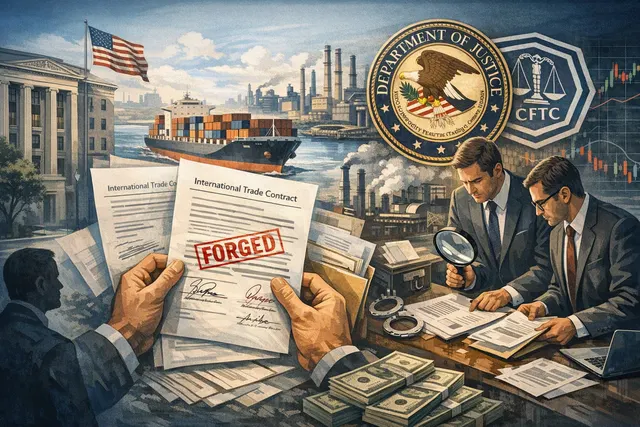 AI-generated image of iron ore cargo ship and financial documents, representing the Radiant World trade finance scandal