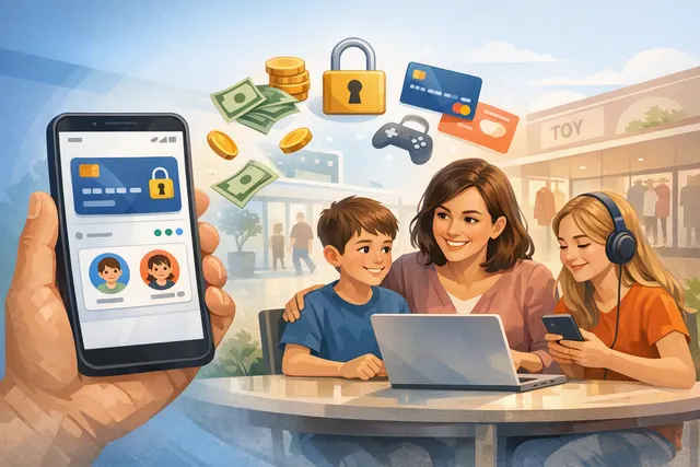 Google Wallet interface on an Android phone showing parent-managed balance for a child, with a Wear OS smartwatch nearby for tap-to-pay