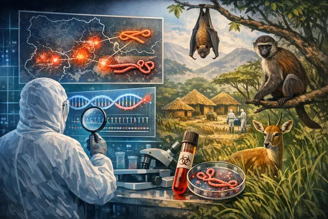 A conceptual illustration of the Bundibugyo virus structure, shown against a background representing genomic sequencing data from the 2026 outbreak.