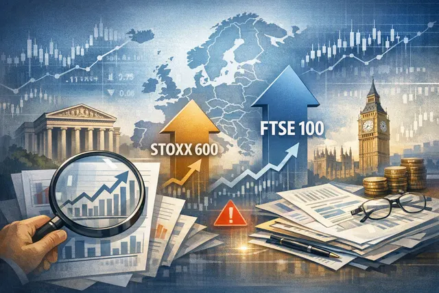 A stylized stock market chart showing an upward trend with the STOXX 600 logo and a magnifying glass highlighting the 695 target, representing Goldman Sachs' bullish forecast for E