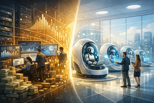 Conceptual illustration of Uber's Agentic Pods — two-person AI teams embedded in business departments to redesign workflows.