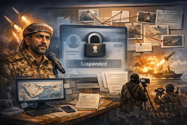 AI-generated editorial illustration depicting a suspended social media account notice alongside imagery of Red Sea shipping and regional conflict