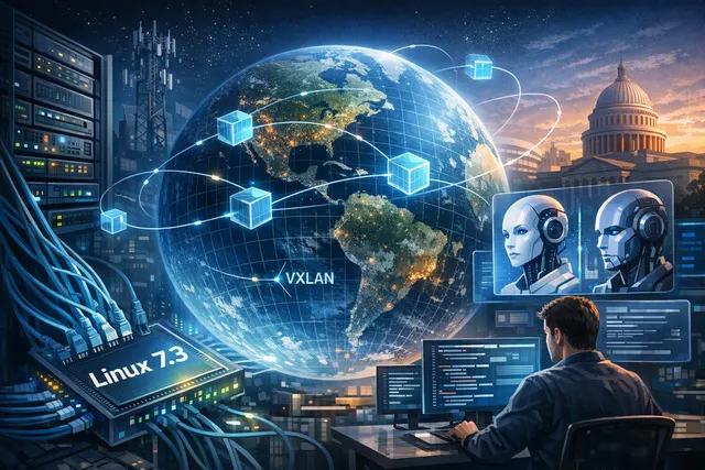 Abstract illustration of Linux 7.3 networking with VXLAN and Geneve overlay tunnels, routing connections, and AI-assisted code review
