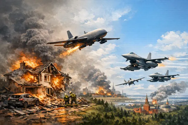 Illustration of a drone attack over a damaged Ukrainian residential area