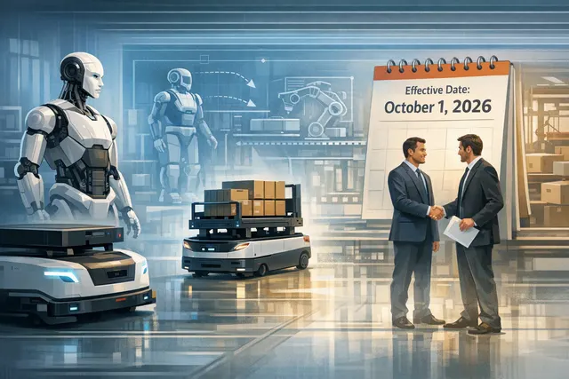 Conceptual illustration of Neura Robotics' Physical AI ecosystem connecting mobile robots, industrial arms, and humanoid robots.