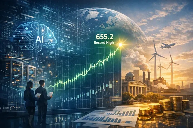 Stock market chart showing the STOXX 600 index reaching a record high amidst a technology and AI rally
