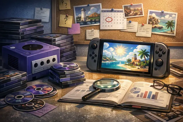 Super Mario Sunshine artwork featuring Mario with F.L.U.D.D. on Isle Delfino, alongside the Switch 2 GameCube Classics interface