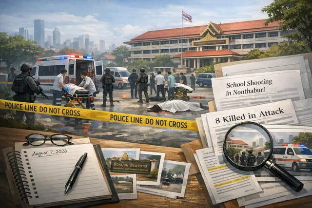 Editorial illustration summarizing the Debsirin Nonthaburi School mass shooting in Thailand on August 7, 2026.