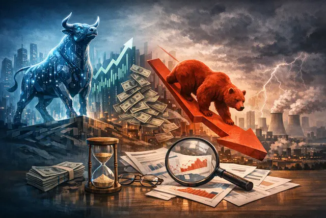 Bearish market chart illustrating the peak of the AI equity bull market with downward trends and stagflation indicators