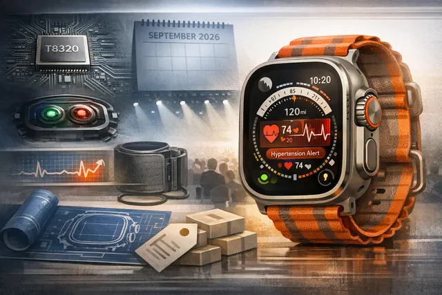 Apple Watch Ultra 4 concept render with slimmer titanium case and eight-sensor ring array displayed on a dark background