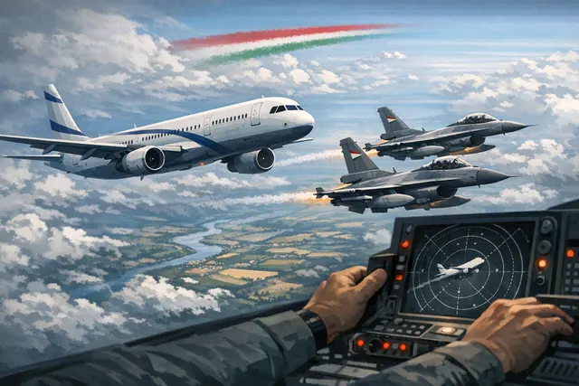 Digital artwork of a Hungarian Gripen fighter jet and an Israeli passenger aircraft flying through cloudy skies at sunset.
