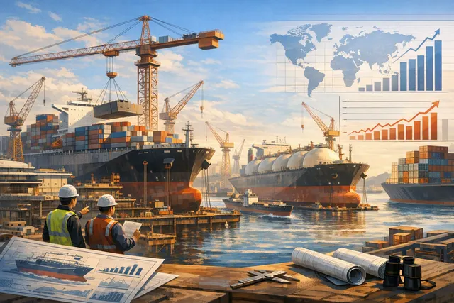 AI-generated editorial illustration of modern cargo ships and tankers at a busy shipyard during the 2026 global shipbuilding boom