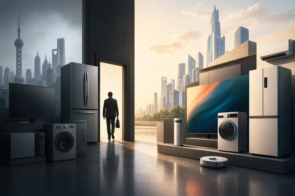 AI-generated editorial illustration of Samsung TVs and home appliances in China, representing competition from domestic Chinese brands.