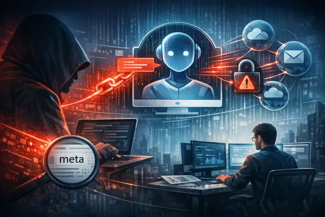 Editorial illustration of an AI assistant revealing a hidden security vulnerability and exposing connected data