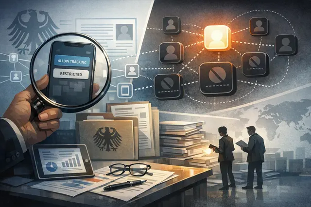 Illustration of Apple’s App Tracking Transparency consent prompts and European antitrust scrutiny
