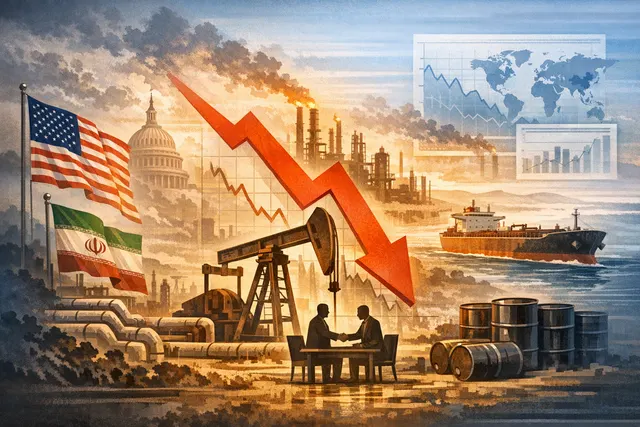Oil industry infrastructure near a strait, representing global crude supply and geopolitical tension.