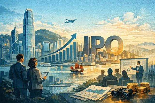 Abstract digital illustration of a shopping bag with financial charts and a Hong Kong skyline, representing Shein's planned IPO