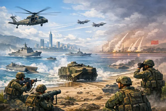 Editorial illustration representing the 2026 Han Kuang war games, with symbols of military readiness and civil defense in Taiwan.