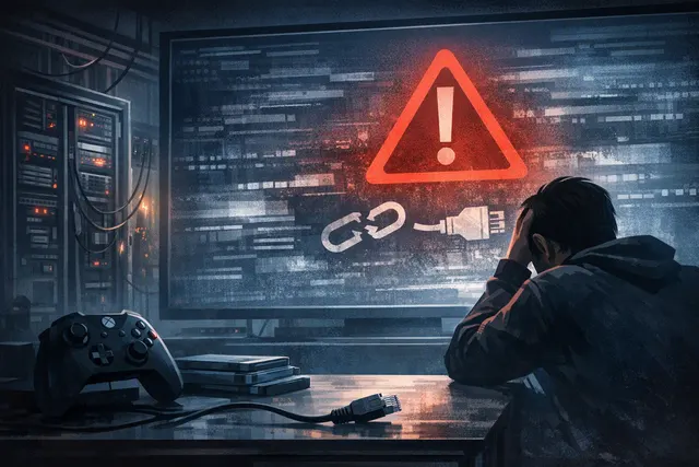 Xbox console with a red 'Service Outage' error overlay, symbolizing the 16-hour licensing failure that locked players out of disc and digital games in July 2026.