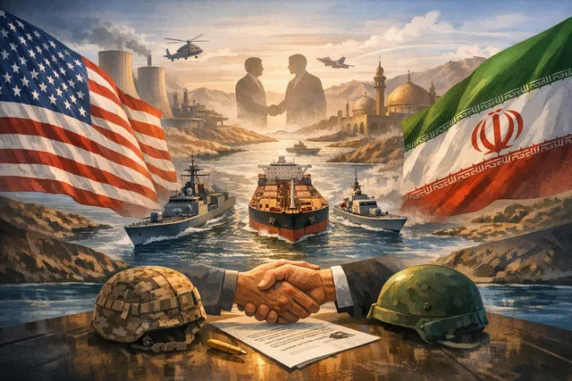 Oil tankers passing through the Strait of Hormuz under a hazy sky, symbolizing the reopening of the strategic waterway following the US-Iran ceasefire deal.