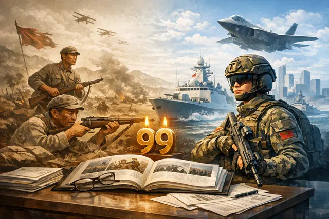 AI illustration of the People's Liberation Army transformation from guerrilla fighters with rifles to modern military power, representing the PLA's 99-year evolution