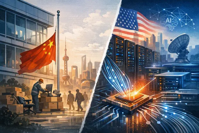 Editorial illustration of Nokia’s China R&D shutdown and shift toward AI optical networking in the United States