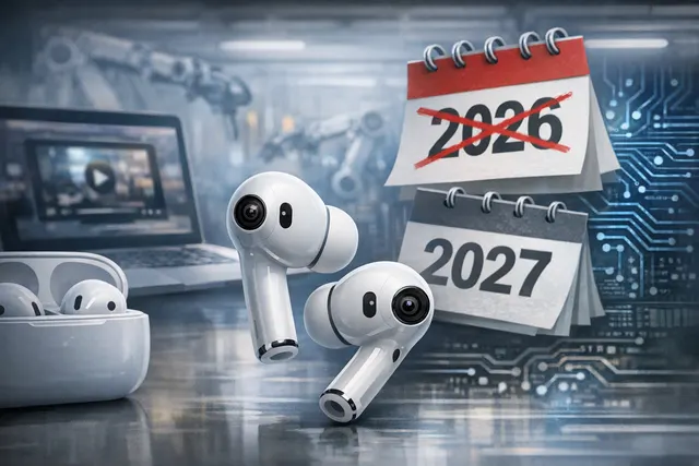 Concept illustration of Apple AirPods with cameras using Visual Intelligence to understand a book
