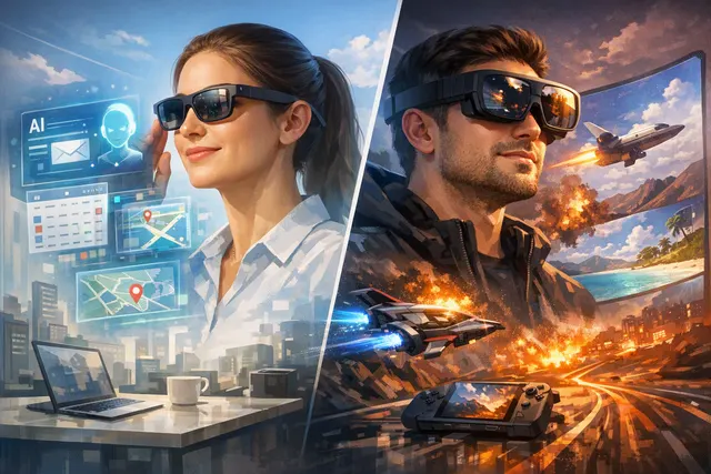 RayNeo iO, GT and GT Max AR glasses shown as separate AI productivity and cinema-style entertainment devices