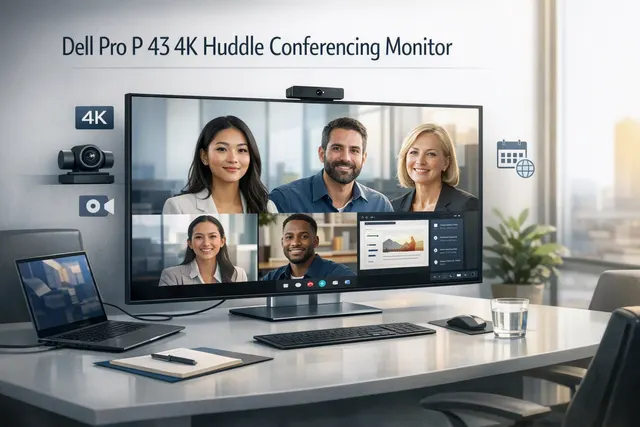 Dell Pro P 43 4K Huddle Conferencing Monitor P4326QEB with integrated camera and microphones in a modern meeting room