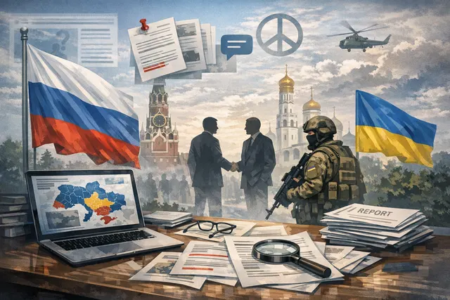A conceptual image showing a Russian flag, a Ukrainian flag, and a diplomatic meeting table, symbolizing stalled peace negotiations between Russia and Ukraine.