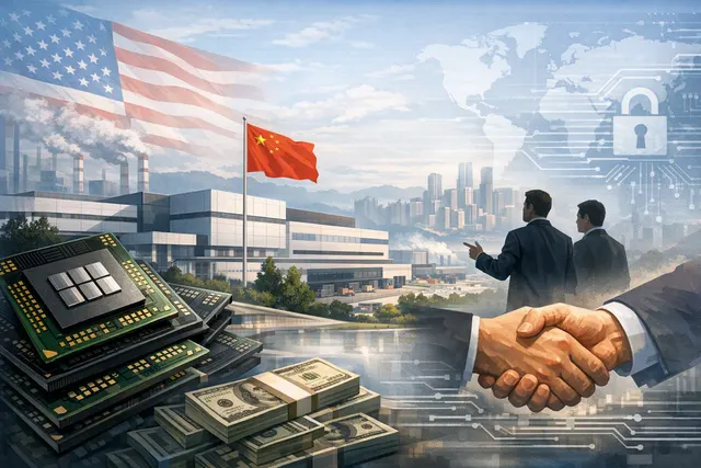 A conceptual illustration of SK Hynix's Chongqing chip packaging facility with global trade and AI memory themes.