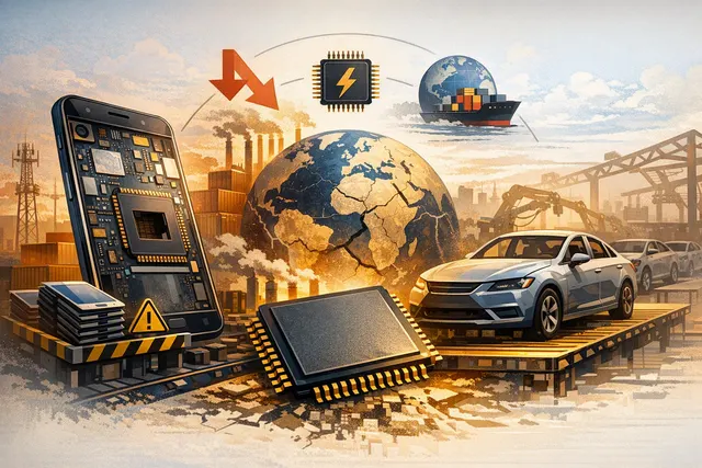 A conceptual illustration showing a towering AI data center consuming rows of memory chips, with shrinking smartphone and car silhouettes in the foreground, representing the 2026 g