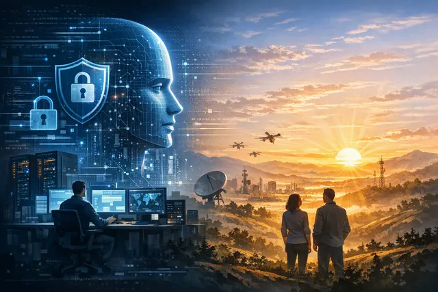 Abstract digital illustration symbolizing AI cybersecurity, with layered shield graphics, network nodes, and a glowing central data core representing GPT-5.6-Cyber and the Daybreak
