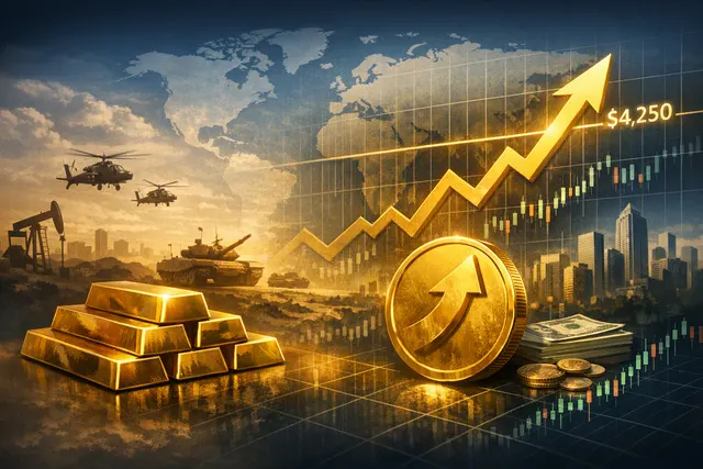 Gold bullion bars and coins arranged on a dark surface with a glowing price chart overlay showing an upward surge above $4,250 per ounce, representing gold's biggest single-day gai