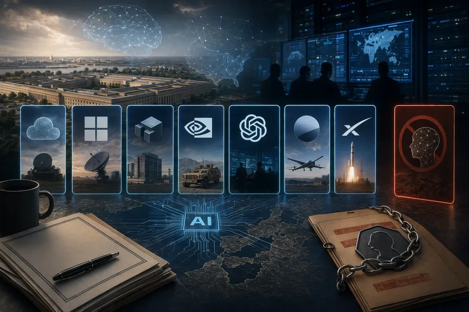 AI-generated illustration of the Pentagon with AI network graphics symbolizing classified military AI agreements