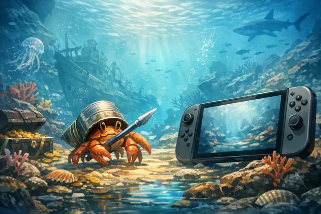 Kril, the hermit crab protagonist of Another Crab’s Treasure, exploring an underwater world with a makeshift shell