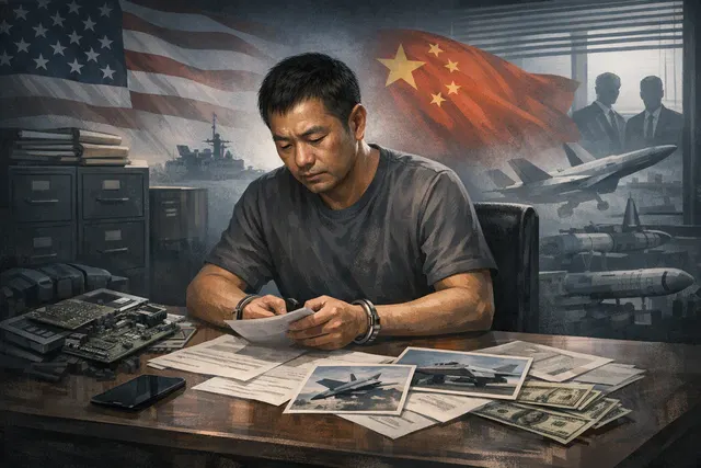 A depiction of satellite modems and radios with a gavel, representing the guilty plea of Dingwei Chen for attempting to export U.S. military communications equipment to China.