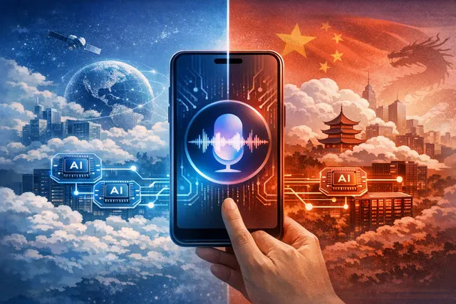 Conceptual illustration of Apple Siri AI architecture split between Google Gemini globally and Alibaba Qwen in China, with privacy and regulatory symbolism