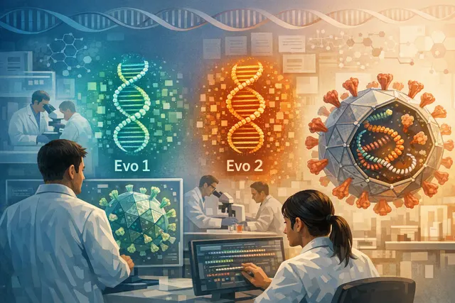 Digital illustration of a bacteriophage infecting a bacterium, representing AI-designed viral genomes