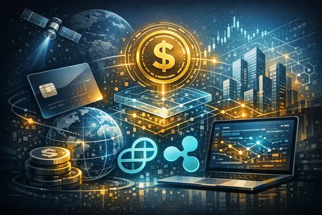 Abstract digital illustration of Mastercard, Ripple, Gemini, and XRP Ledger logos connected by glowing stablecoin transaction paths, representing the RLUSD credit card settlement p